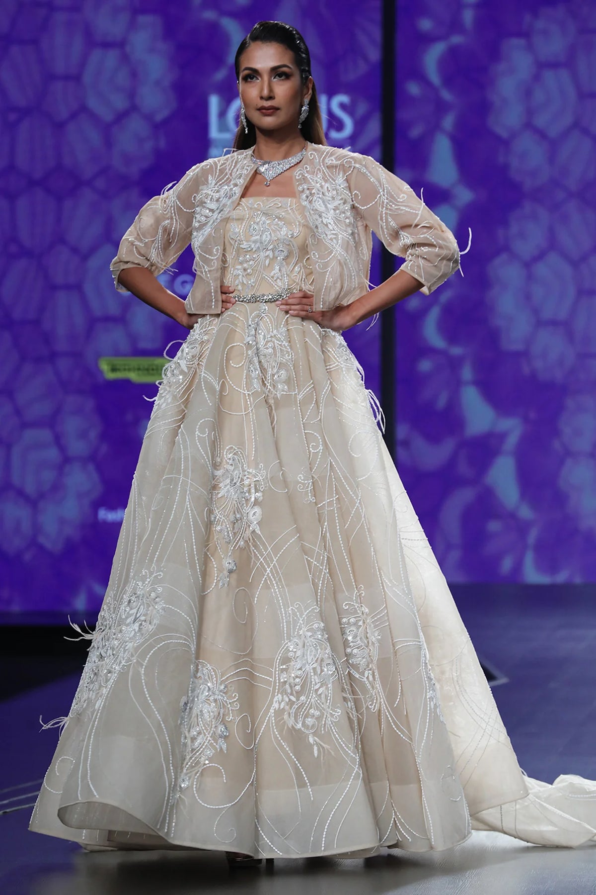 Beige Ball Gown In Bird Motif Embroidery With Jacket - Exquisite Handcrafted Fashion | AmitGT Couture