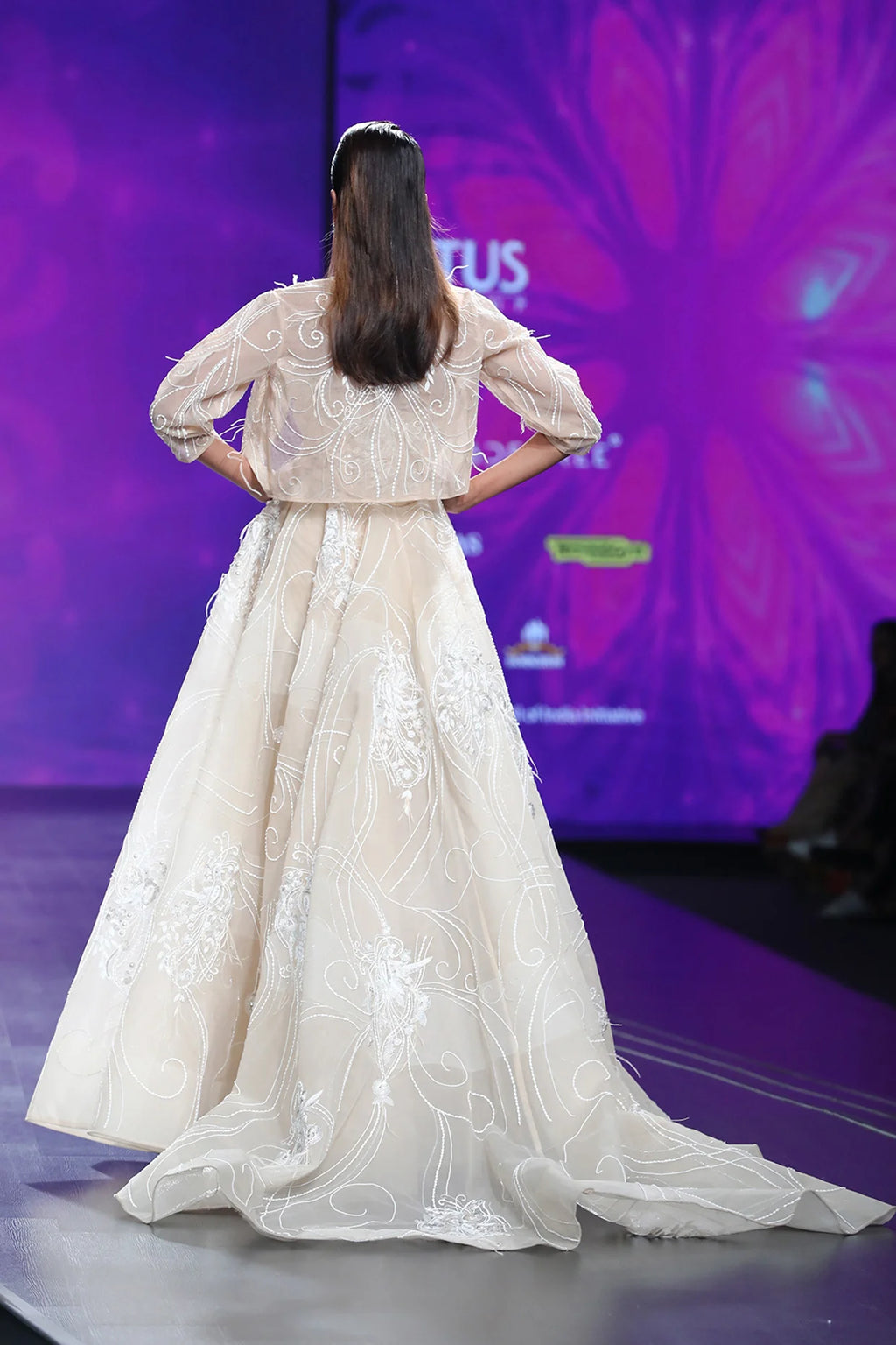Beige Ball Gown In Bird Motif Embroidery With Jacket