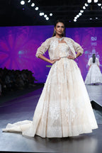 Beige Ball Gown In Bird Motif Embroidery With Jacket