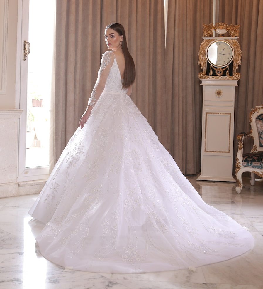 Estell White Bridal Gown with Train - Elegant Wedding Dress | AmitGT Couture