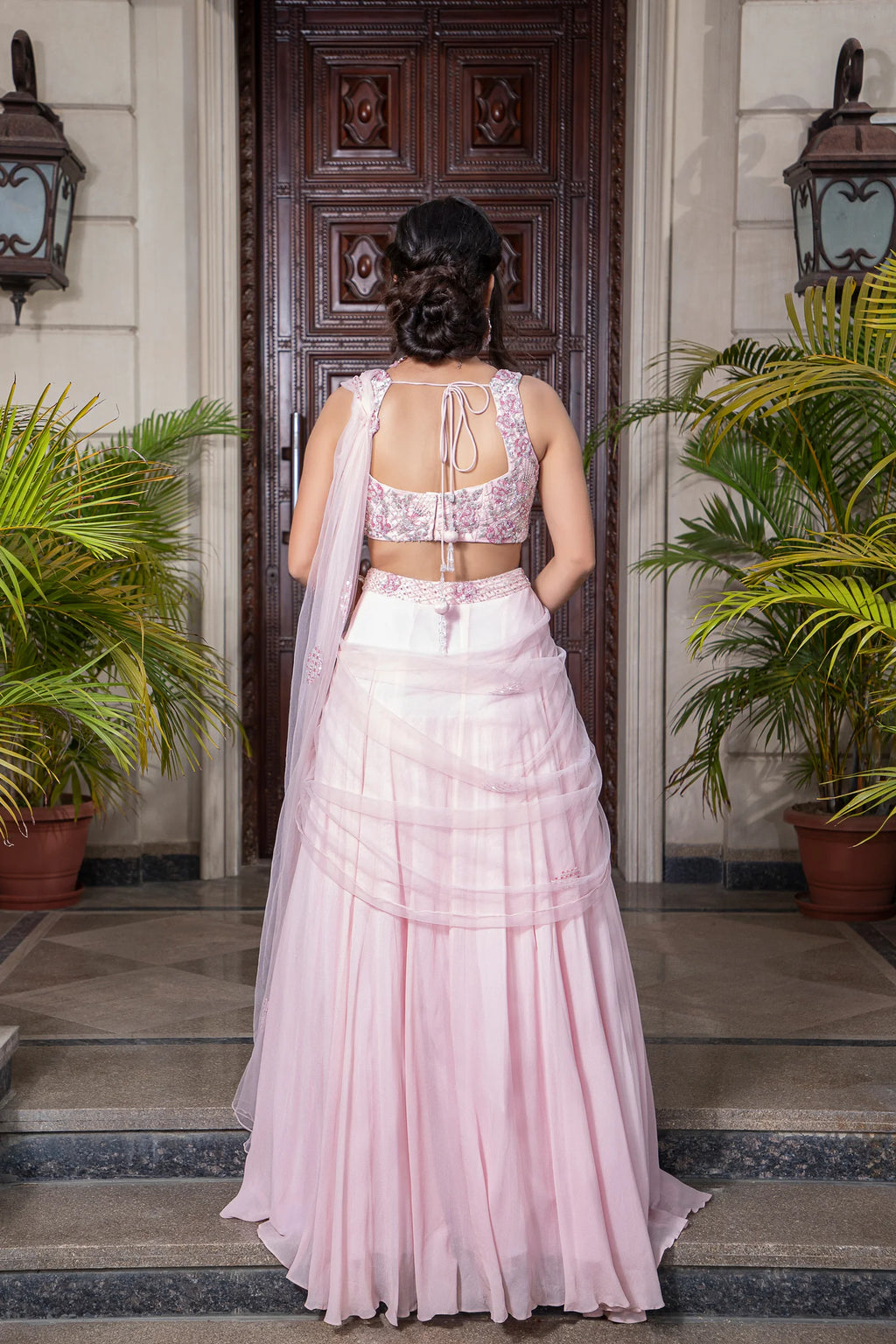 Light Pink Georgette Draped Saree Gown