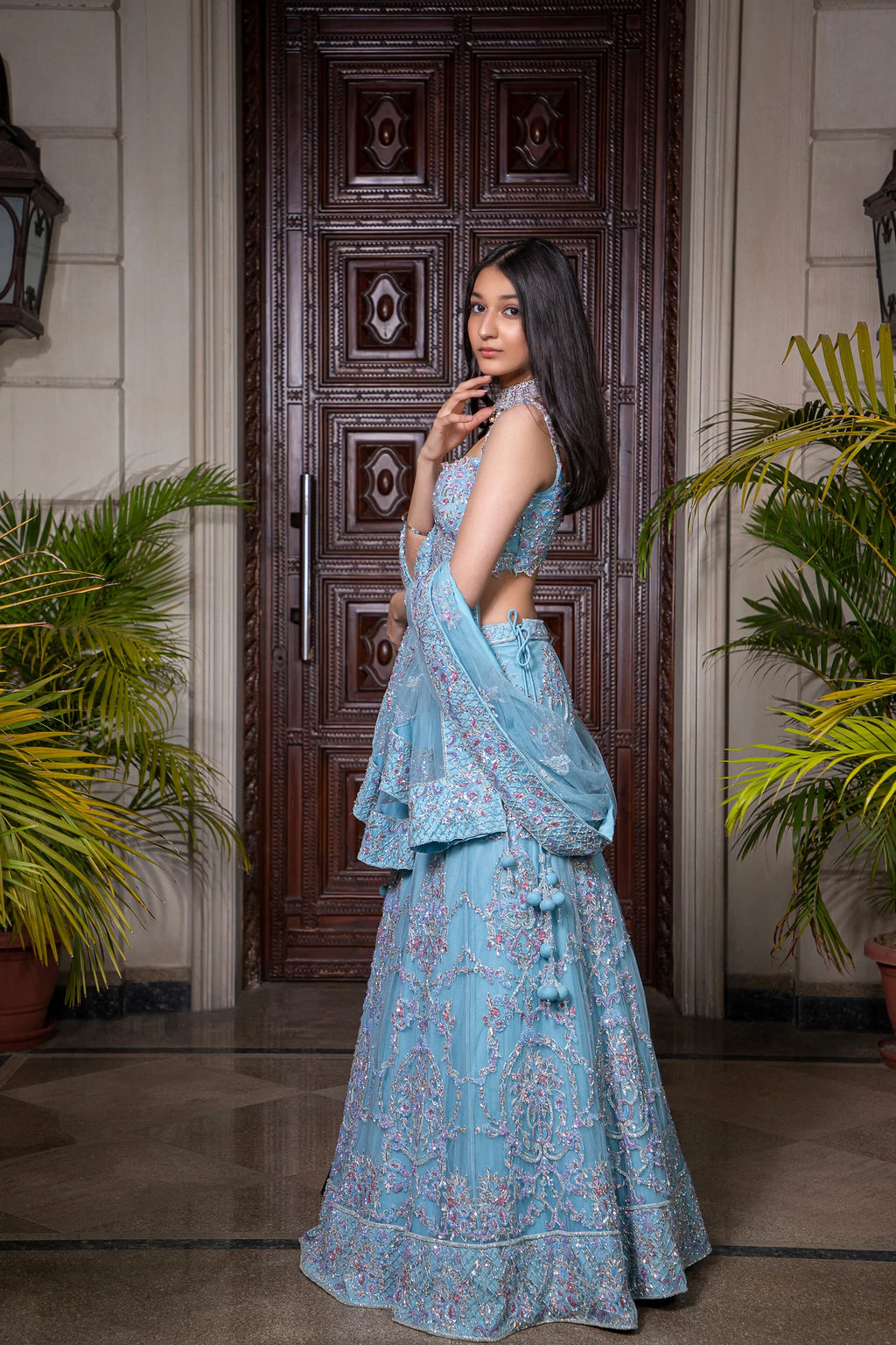 Light Blue Fully Hand Embroidered Lehenga
