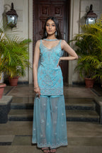 Hand Embroidered Light Blue Sharara Kurta Set - Traditional Ethnic Wear | AmitGT Couture