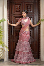 Rosewood Tiered Lehenga With Pre Draped Dupatta And Bralette Blouse - Elegant Fashion | AmitGT Couture