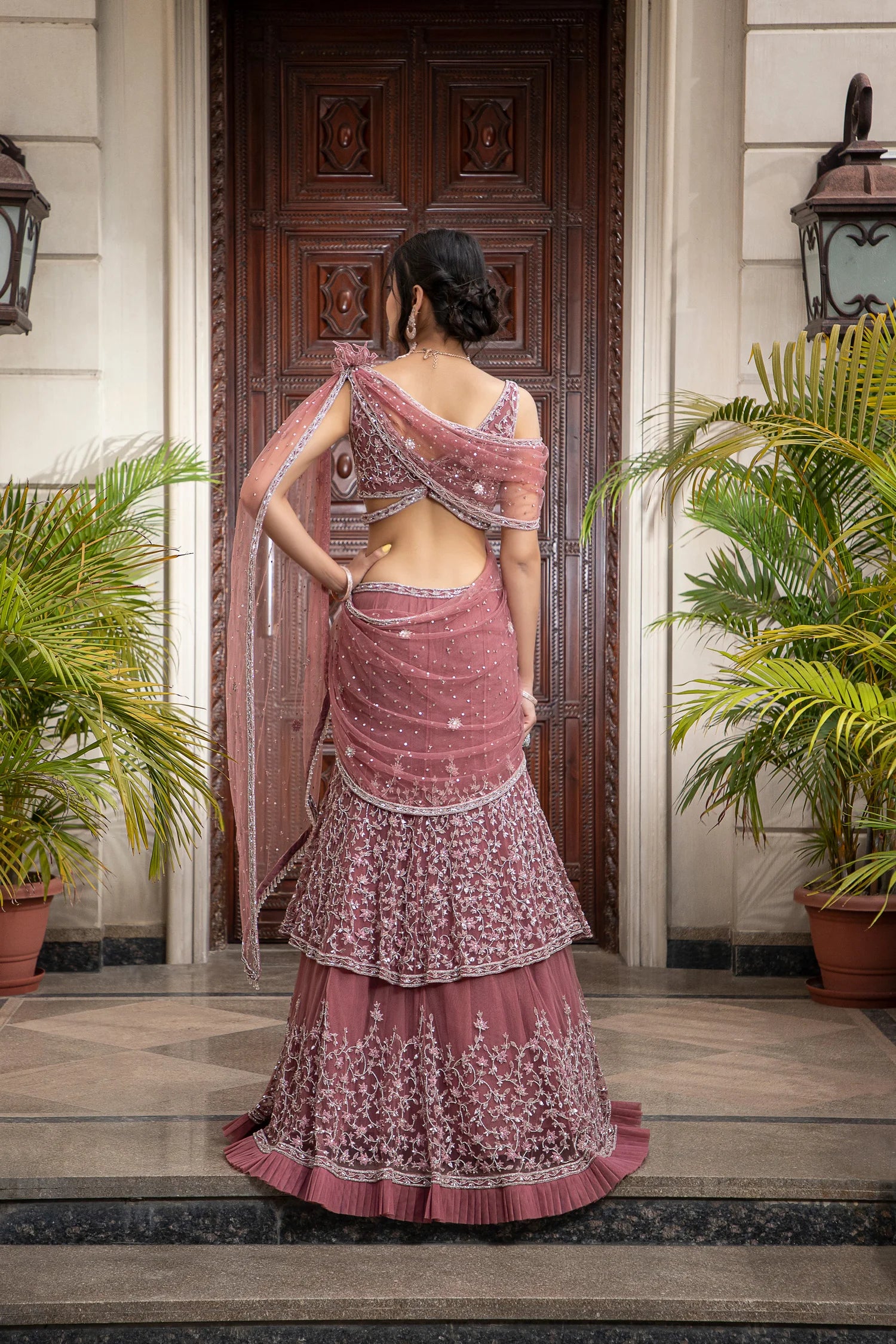 Rosewood Tiered Lehenga With Pre Draped Dupatta And Bralette Blouse