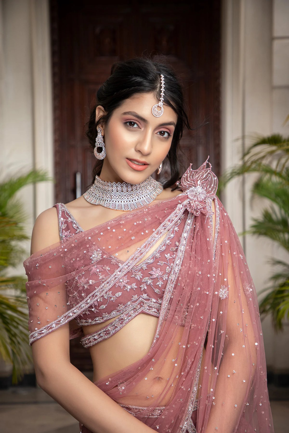Rosewood Tiered Lehenga With Pre Draped Dupatta And Bralette Blouse