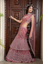 Rosewood Tiered Lehenga With Pre Draped Dupatta And Bralette Blouse