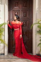 Red Architectural Lehenga