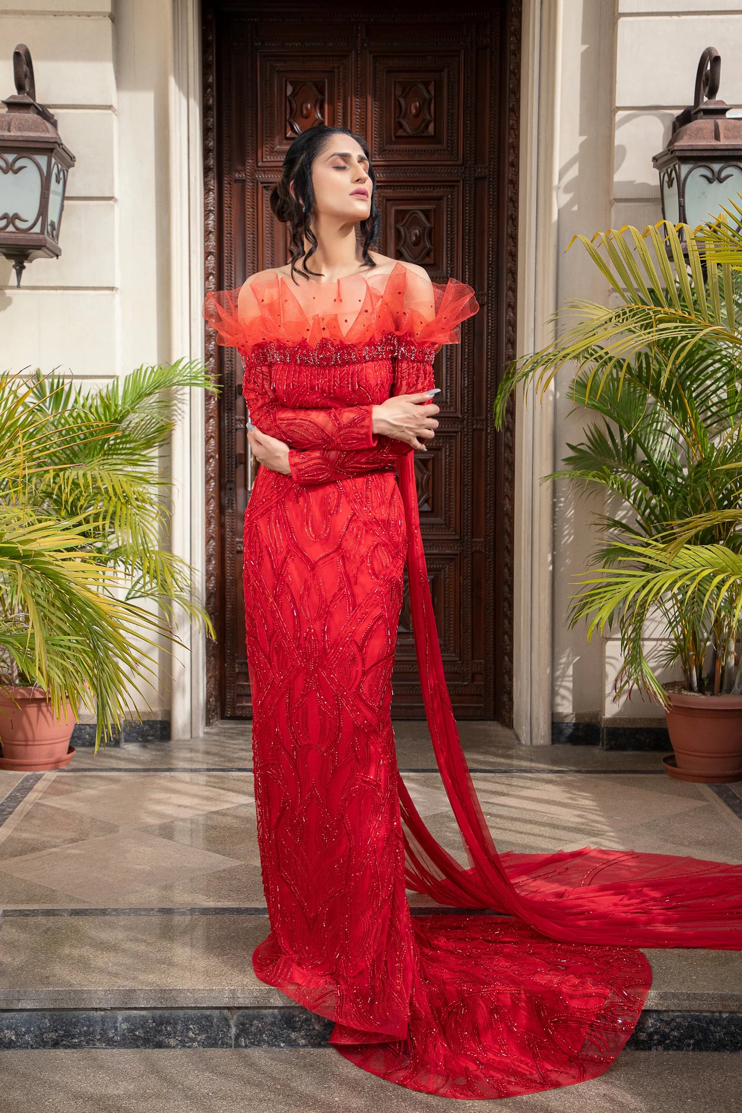 Red Architectural Draped Blouse With Winged Dupattas And Glass Bead And Sequin Embrodered Lehenga