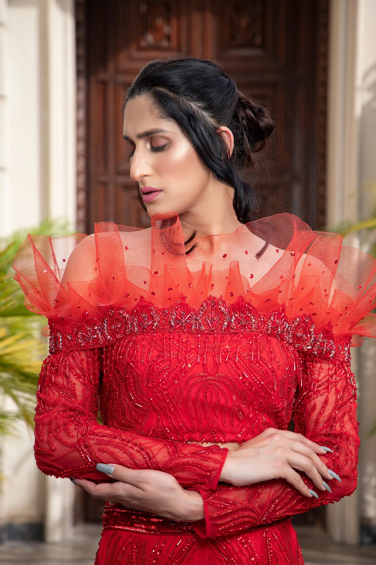 Red Architectural Draped Blouse With Winged Dupattas And Glass Bead And Sequin Embrodered Lehenga