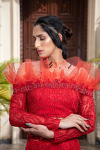 Red Architectural Lehenga