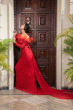 Red Architectural Lehenga