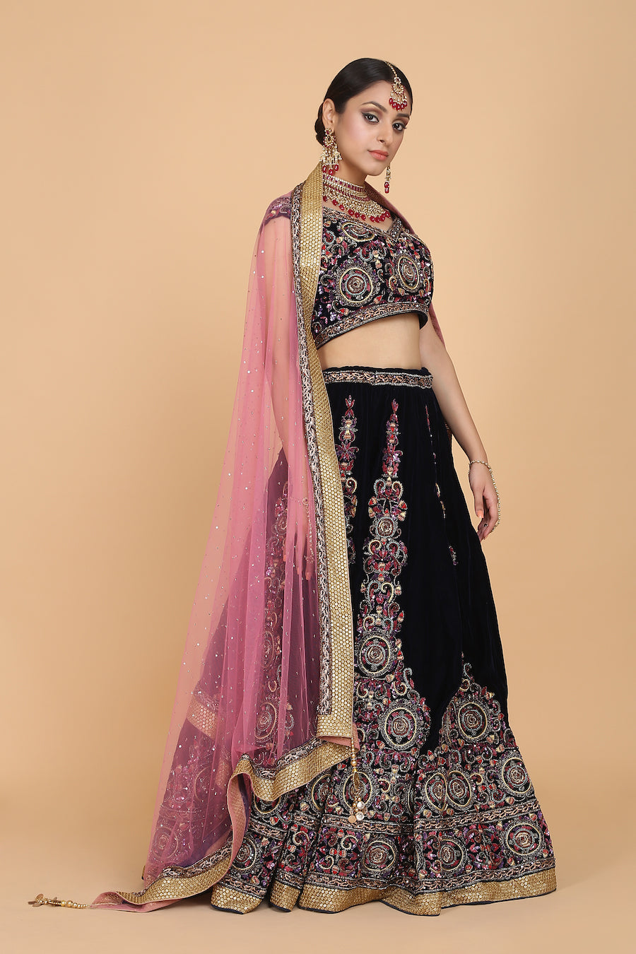 Intricately Embroidered Velvet Bridal Lehenga Set