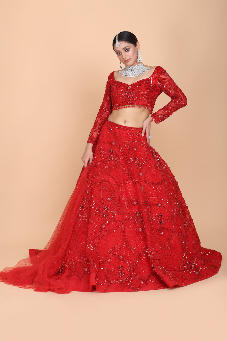 Sparkling Bridal Lehenga Set With Sequin, Beads, Stones And Crystals