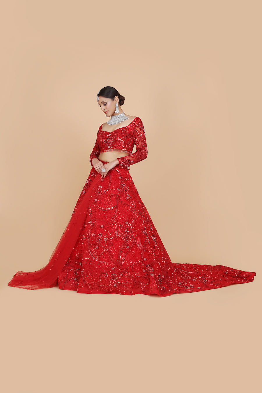 Sparkling Bridal Lehenga Set With Sequin, Beads, Stones And Crystals