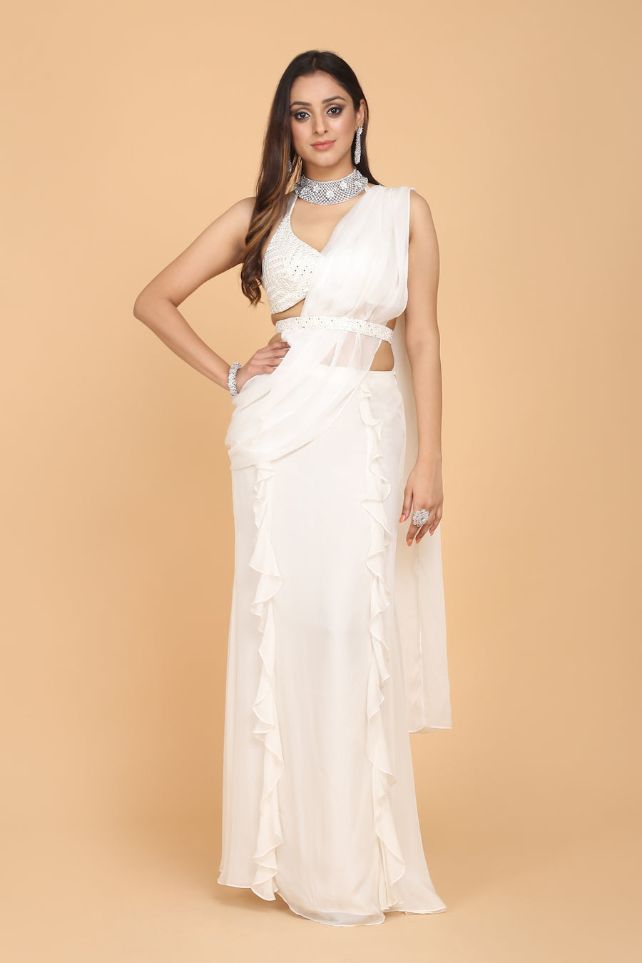 Mirror Work Blouse and Belt with Ruffled Sari - Elegant Ethnic Wear | AmitGT Couture