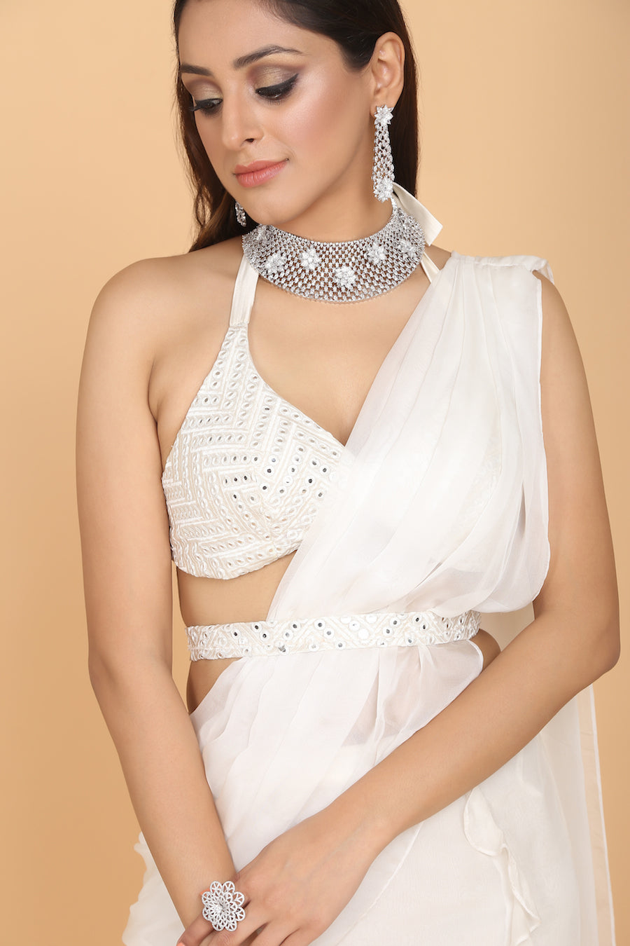 Mirror Work Blouse And Belt With Ruffled Sari