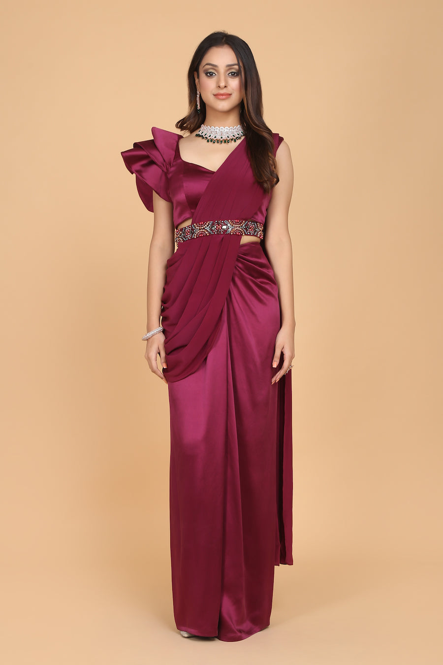 Ruffled Satin Blouse With Embellished Belt And Satin/Georgette Sari  | AmitGT Couture
