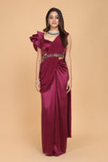 Ruffled Satin Blouse With Embellished Belt And Satin/Georgette Sari  | AmitGT Couture