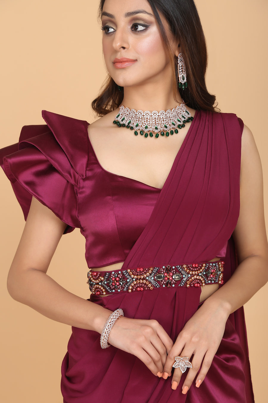 Ruffled Satin Blouse With Embellished Belt And Satin/Georgette Sari