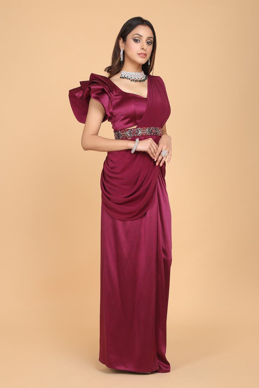 Ruffled Satin Blouse With Embellished Belt And Satin/Georgette Sari