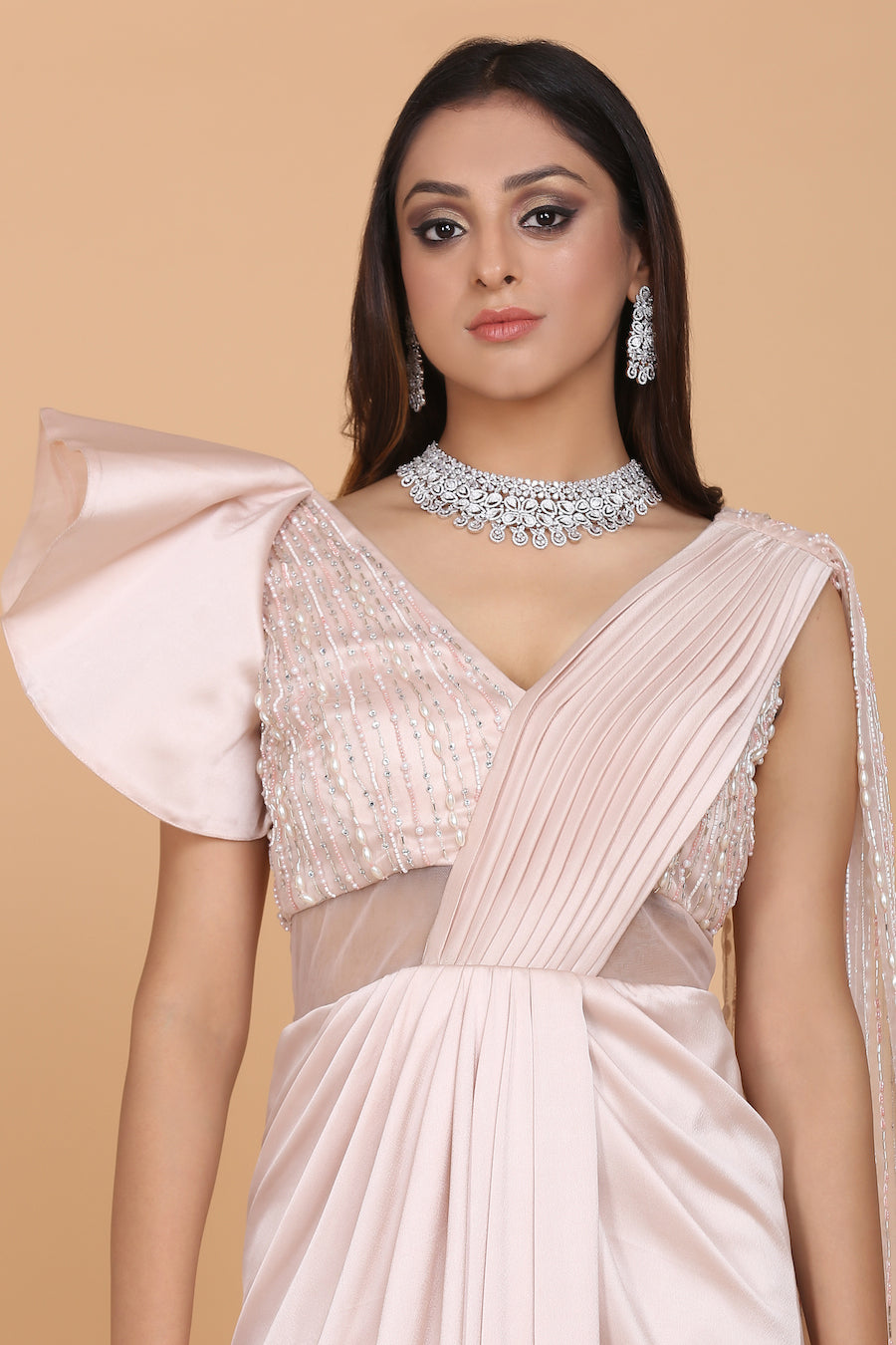 Beaded Blouse And Pallu Draped Sari Gown
