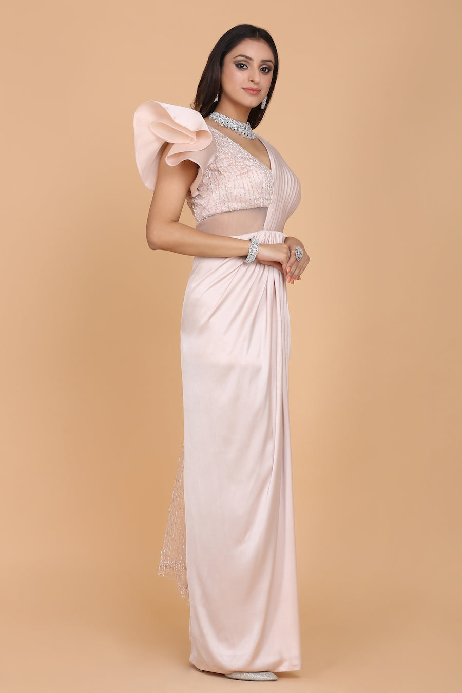 Beaded Blouse And Pallu Draped Sari Gown