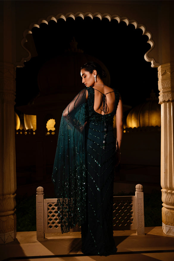 Emerald Green Embroidered Saree Gown