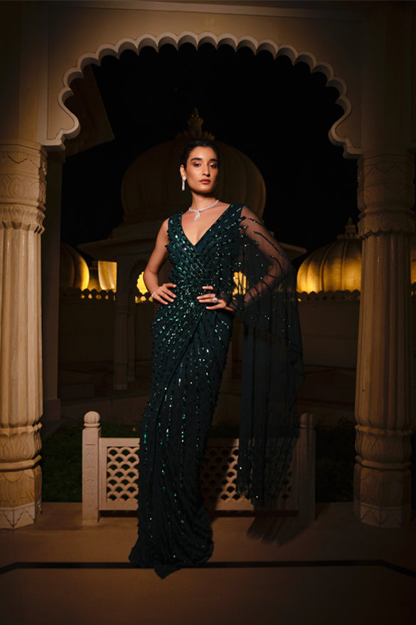 Emerald Green Embroidered Saree Gown Emerald Green Embroidered Saree Gown