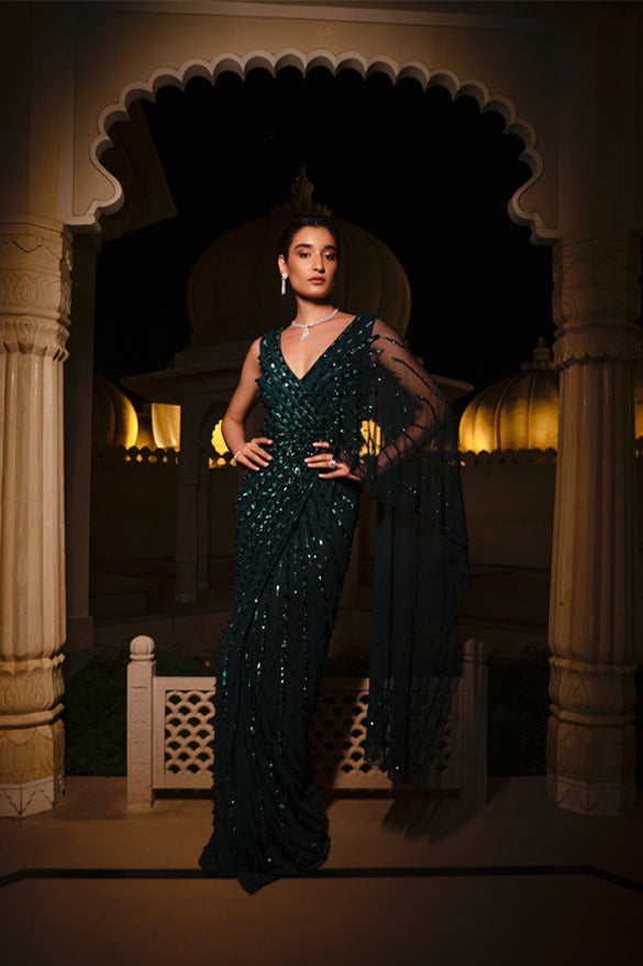Emerald Green Embroidered Saree Gown - Enchanting and Elegant | AmitGT Couture