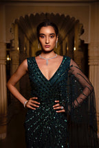 Emerald Green Embroidered Saree Gown