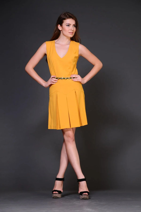 Canary V-Neck Pleated Dress - Handcrafted Luxury Fashion | AmitGT Couture