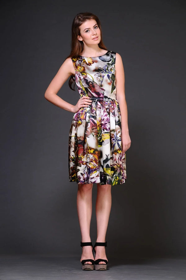 Floral Print Pleated Dress - Handcrafted Luxury Fashion | AmitGT Couture