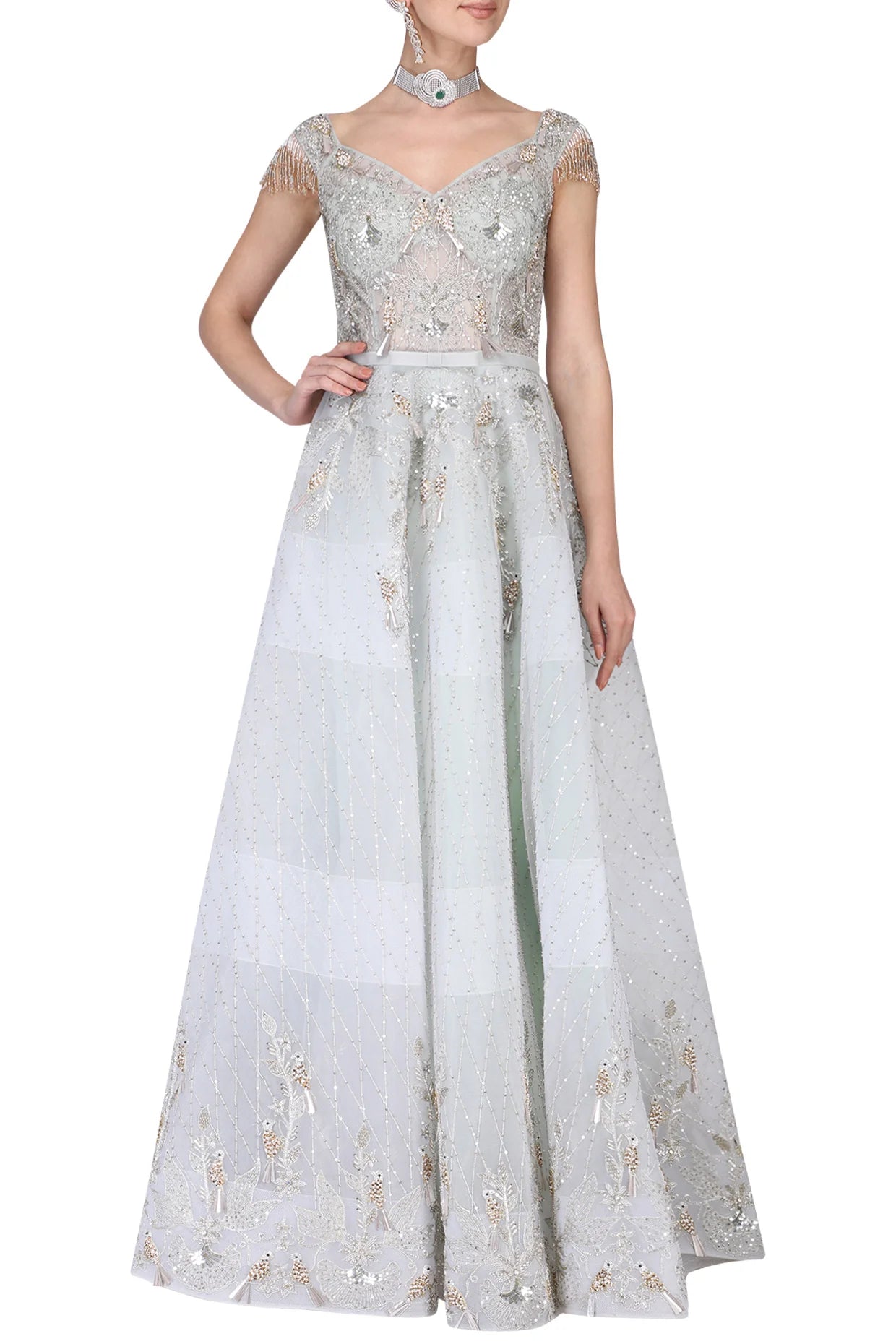 Sea Foam Ball Gown With Golden And Silver Birds And Waterlily Motifs   Elegant Fashion