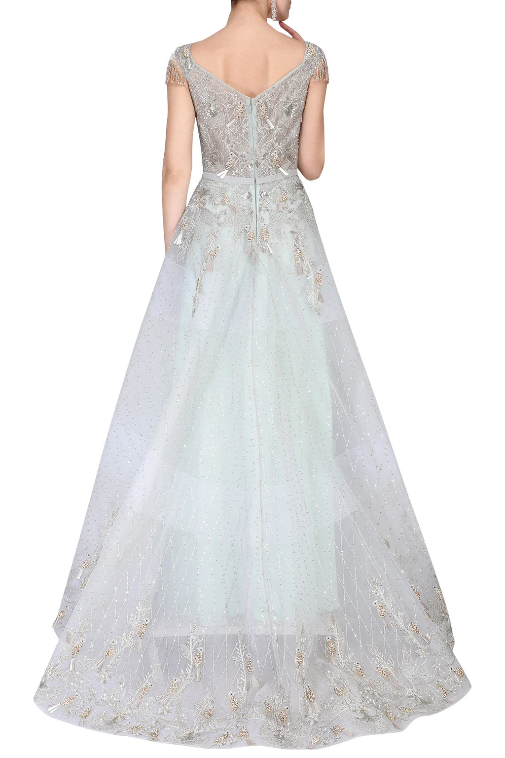 Sea Foam Ball Gown With Golden And Silver Birds And Waterlily Motifs   Elegant Fashion