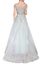 Sea Foam Ball Gown With Golden And Silver Birds And Waterlily Motifs   Elegant Fashion