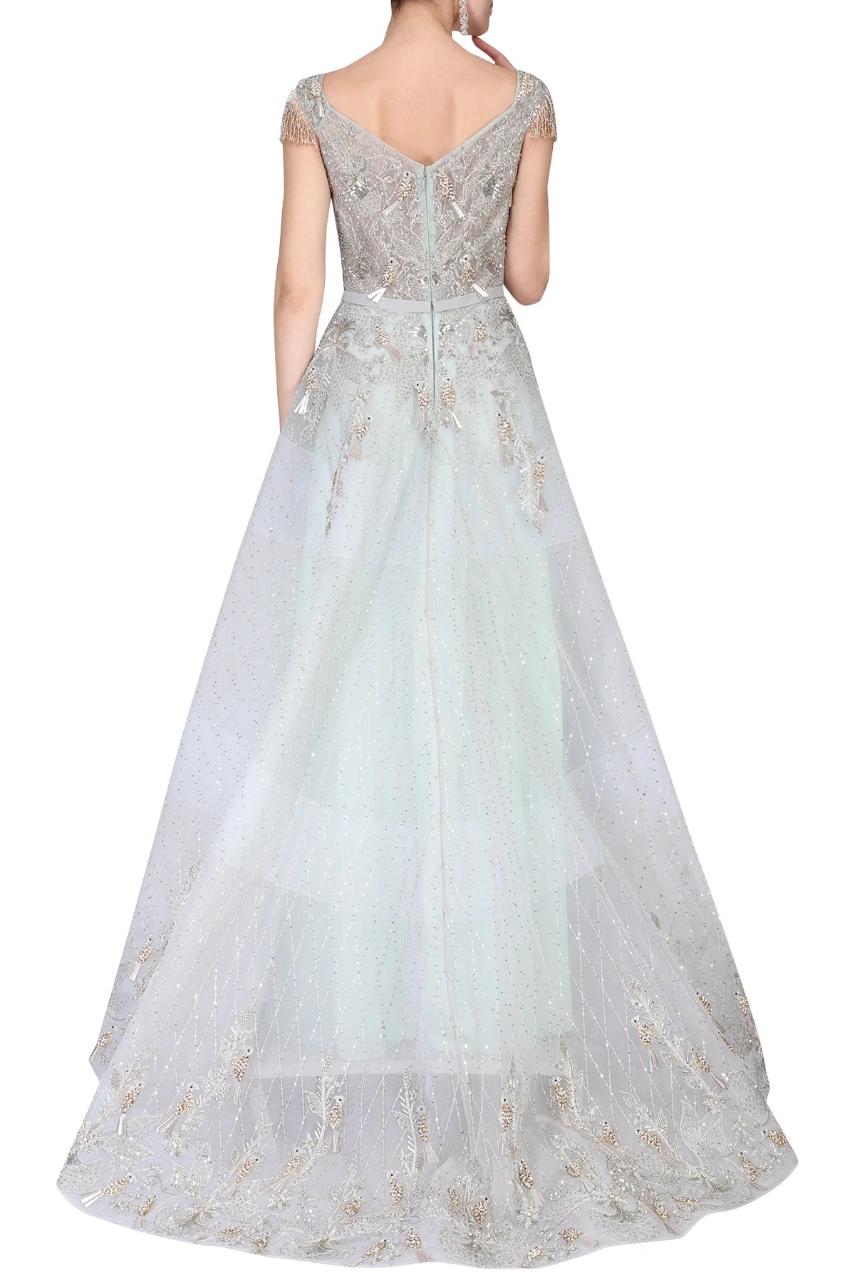 Sea Foam Ball Gown With Golden And Silver Birds And Waterlily Motifs   Elegant Fashion