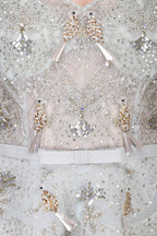 Sea Foam Ball Gown With Golden And Silver Birds And Waterlily Motifs   Elegant Fashion