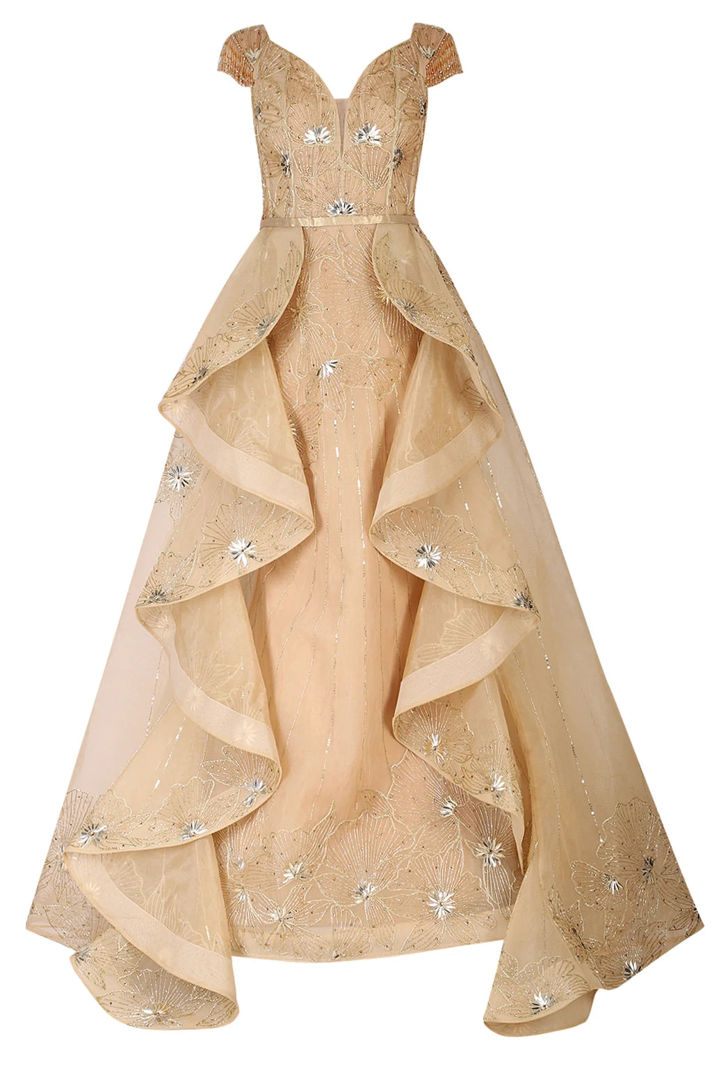 Golden Hand Embroidered Ball Gown Ruffle Drape- |AmitGT Couture