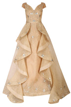 Golden Hand Embroidered Ball Gown Ruffle Drape- |AmitGT Couture