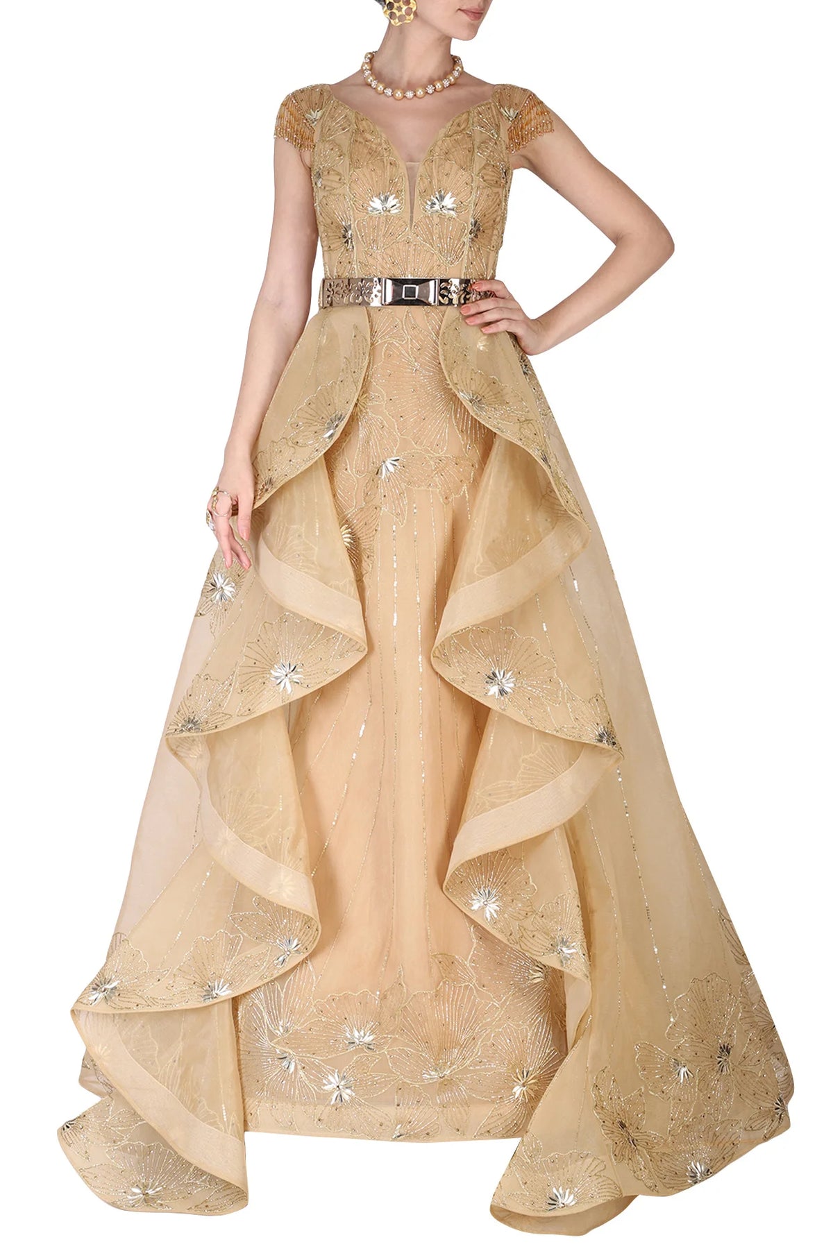Golden Hand Embroidered Ball Gown Ruffle Drape-