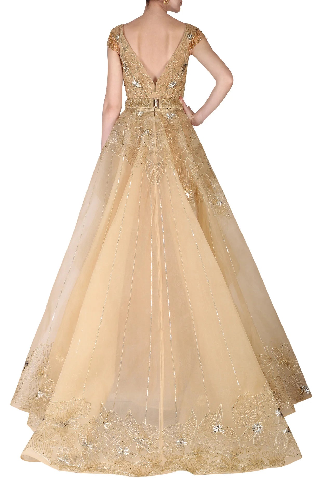 Golden Hand Embroidered Ball Gown Ruffle Drape-