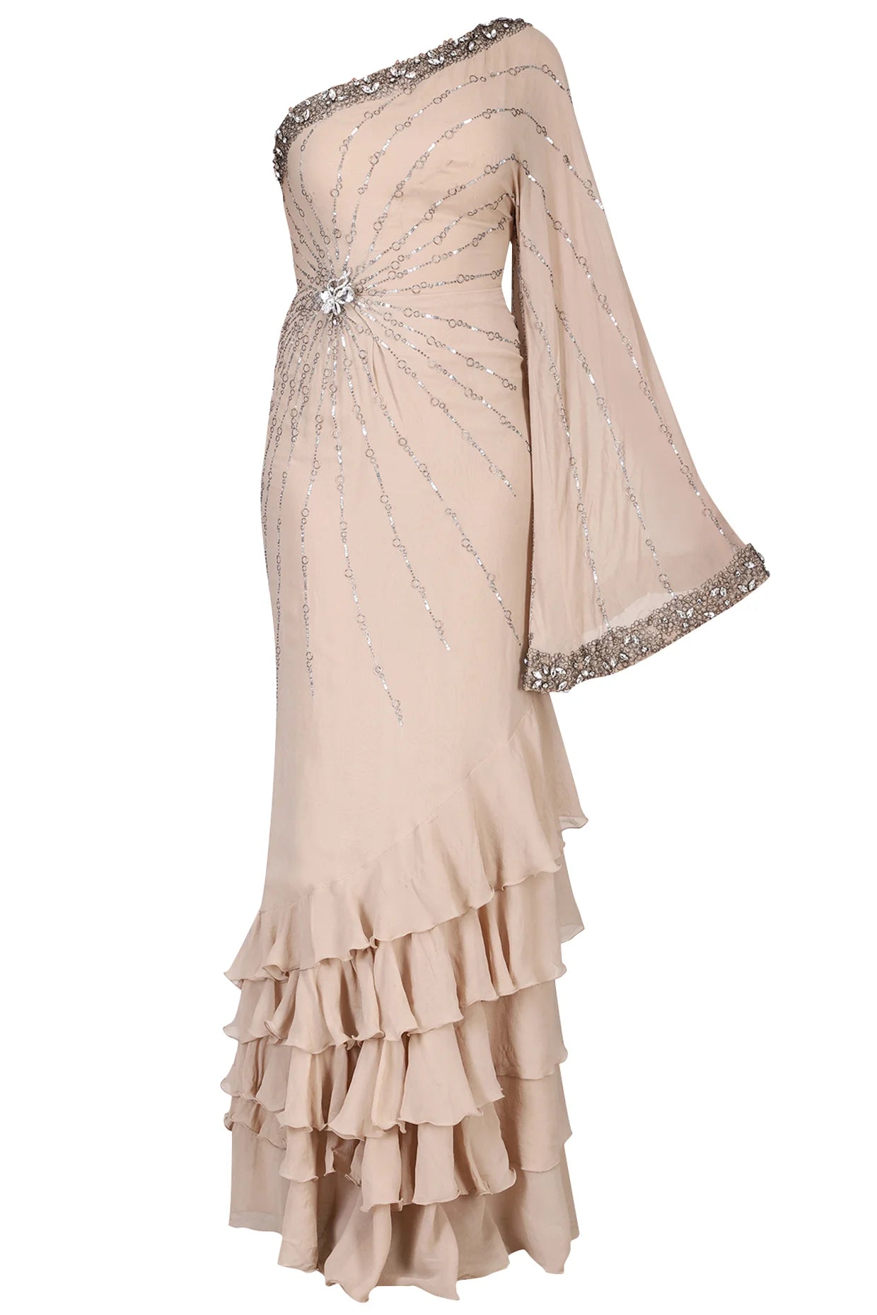 Beige Saree Gown With One Shoulder Drape Moroccan Inspiration Silk Chiffon Saree Gown
