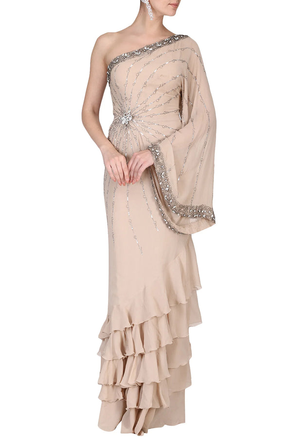 Beige Saree Gown With One Shoulder Drape Moroccan Inspiration Silk Chiffon Saree Gown  | AmitGT Couture