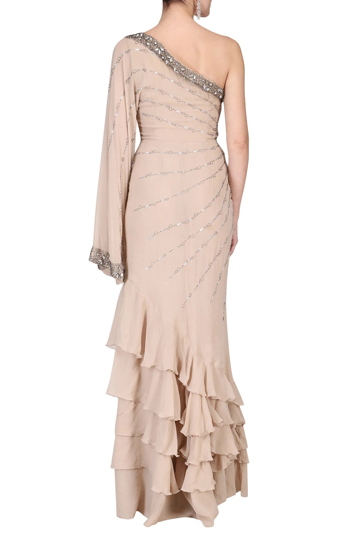 Beige Saree Gown With One Shoulder Drape Moroccan Inspiration Silk Chiffon Saree Gown