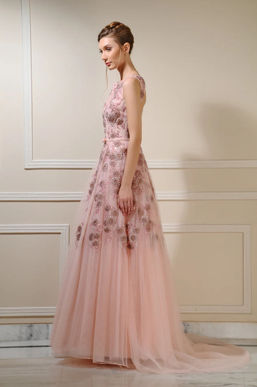 3D Floral Pleated Ball Gown