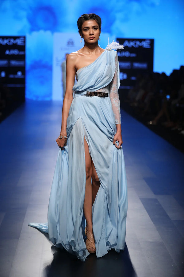  Light Blue Chiffon Saree Gown - Luxury Fashion | AmitGT Couture