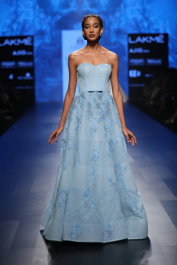 Powder Blue Ball Gown With Flowers - Luxury Fashion | AmitGT Couture