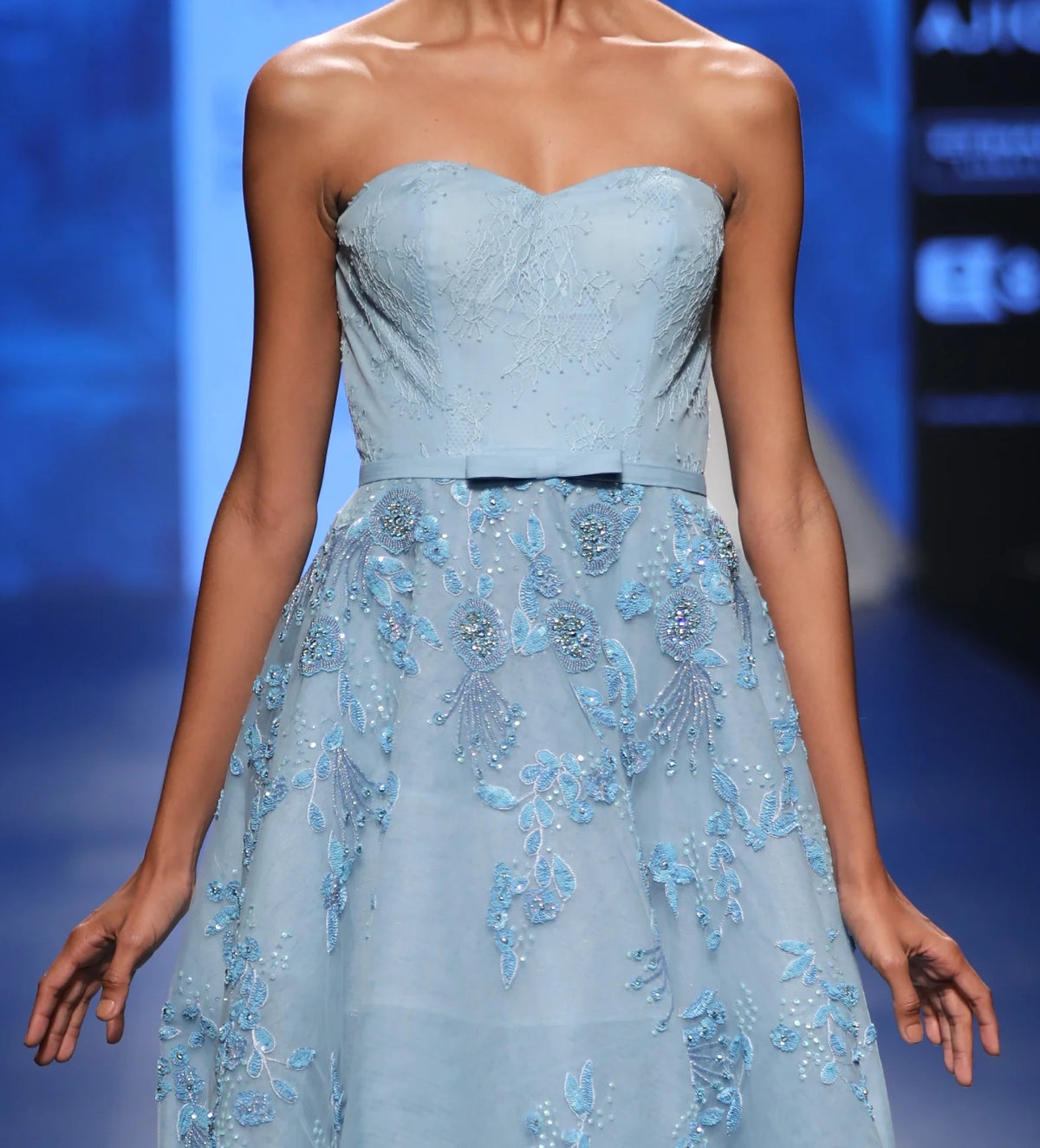 Powder Blue Ball Gown With Flowers - Luxury Fashion | AmitGT Couture