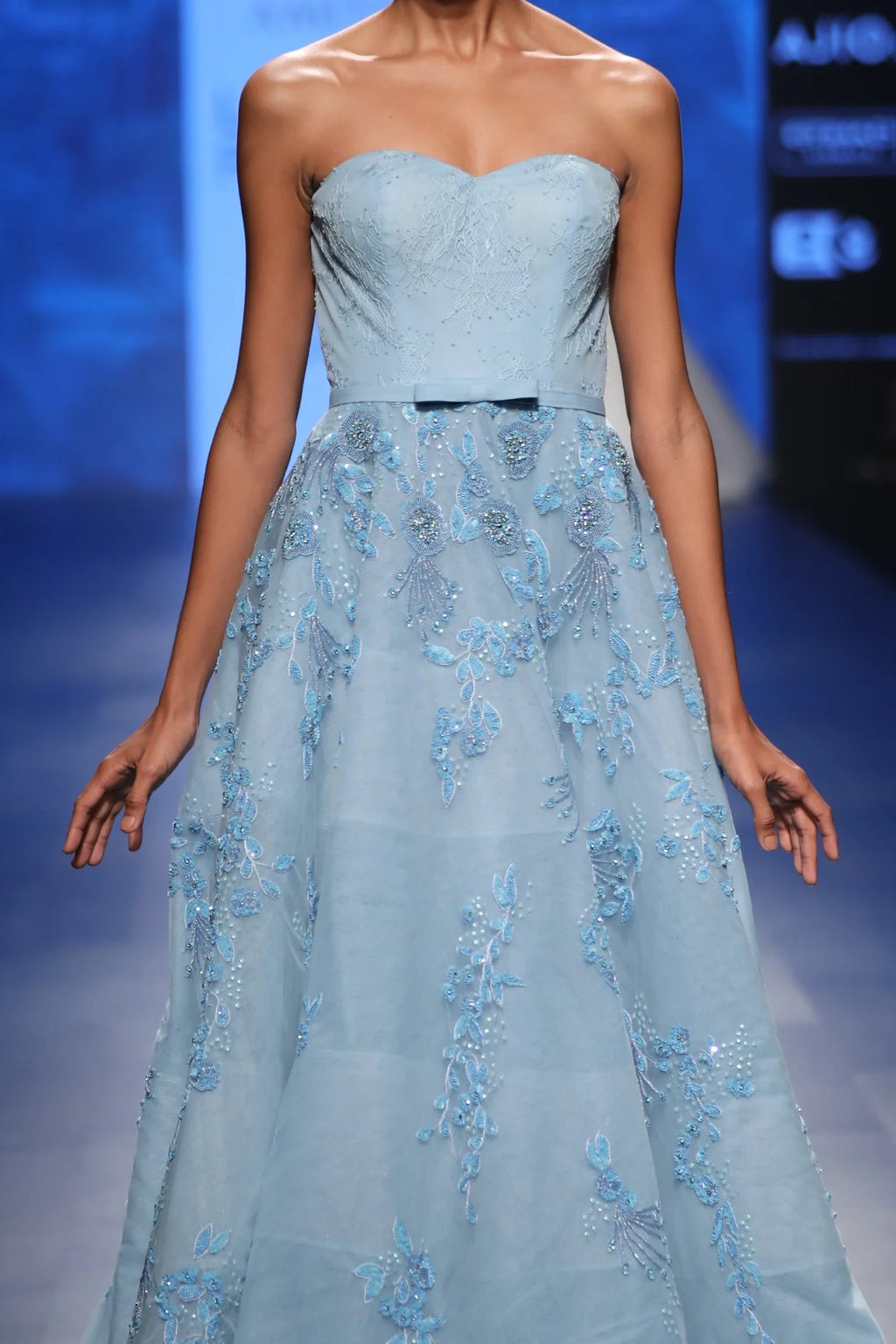 Powder Blue Ball Gown With Flowers - Luxury Fashion | AmitGT Couture